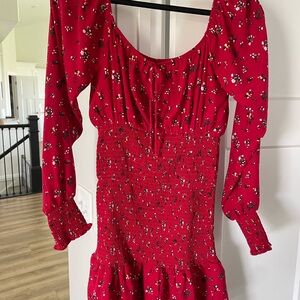 Guess Red Floral Long Sleeve Dress